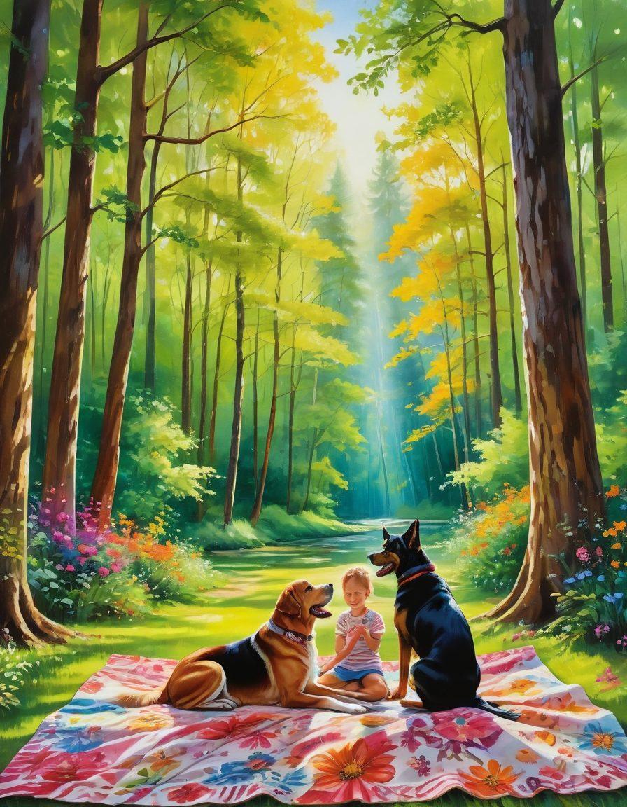 A cheerful family exploring a lush green forest, surrounded by vibrant trees and blooming flowers. The children are playing with a dog, while the parents setup a picnic on a blanket. Sunlight filters through the leaves, creating a warm and inviting atmosphere, highlighting the beauty of nature. The scene conveys joy, unity, and a commitment to wellness and green living. bright colors. painting.