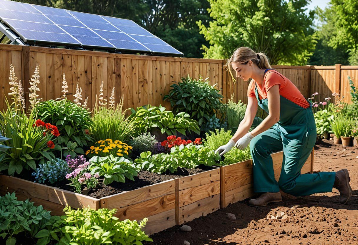 A lush, vibrant garden scene showcasing a diverse array of plants, vegetables, and flowers, with a gardener kneeling, tending to a flourishing herb patch, surrounded by eco-friendly gardening tools and a compost bin. Soft sunlight filters through green leaves, creating a warm and inviting atmosphere that promotes sustainability. The background features a sustainable home with solar panels and a rainwater collection system. super-realistic. vibrant colors. natural lighting.